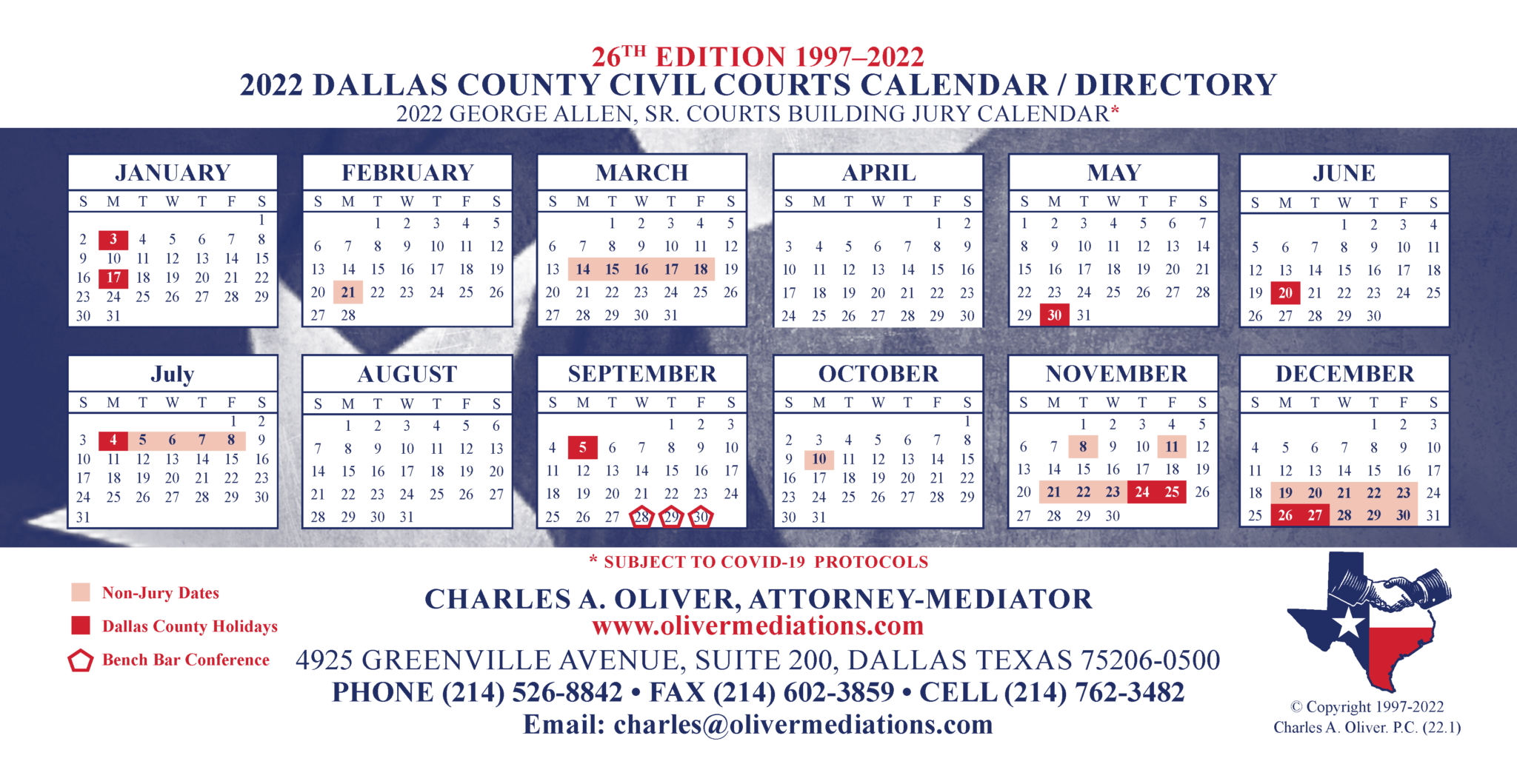 Charles Oliver Mediator 2022 Dallas County Civil Trial Calendar/Directory